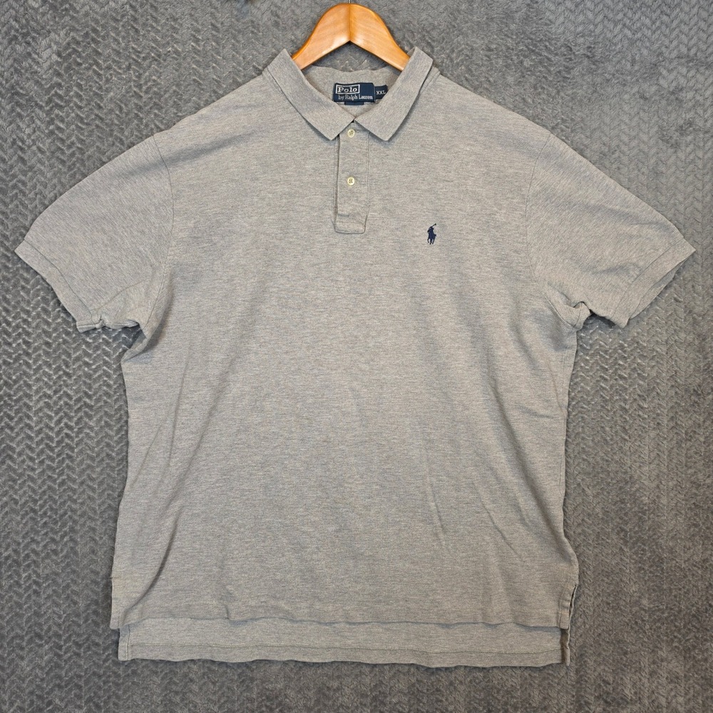 Polo Ralph Lauren Mens XXL Gray Short Sleeve Pique Polo Shirt Navy Pony Logo